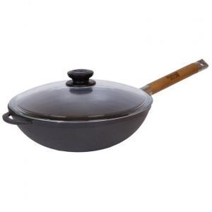 Чугунный WOK сковорода с деревянной ручкой и стеклянной крышкой 26 см